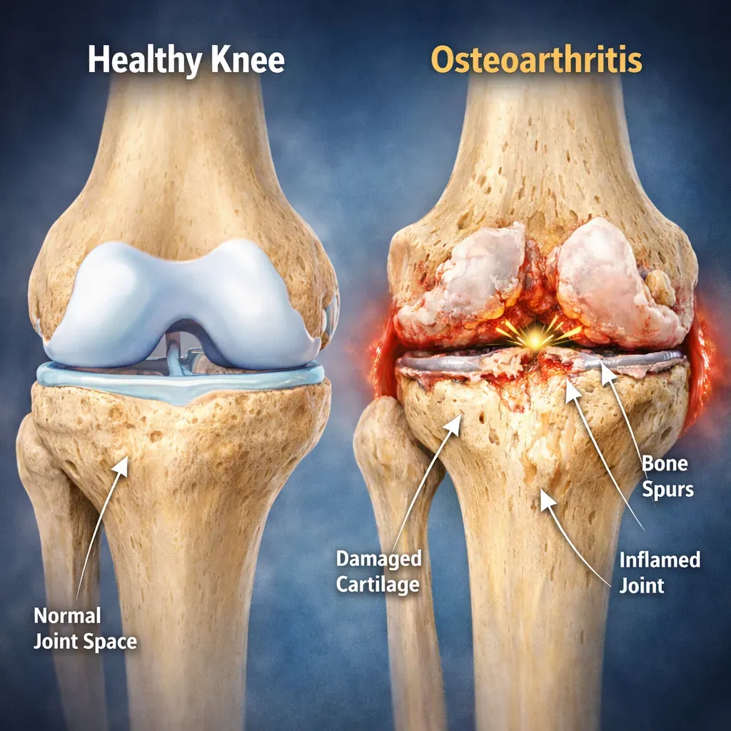 Illustration comparing a healthy knee joint to one with osteoarthritis damage
